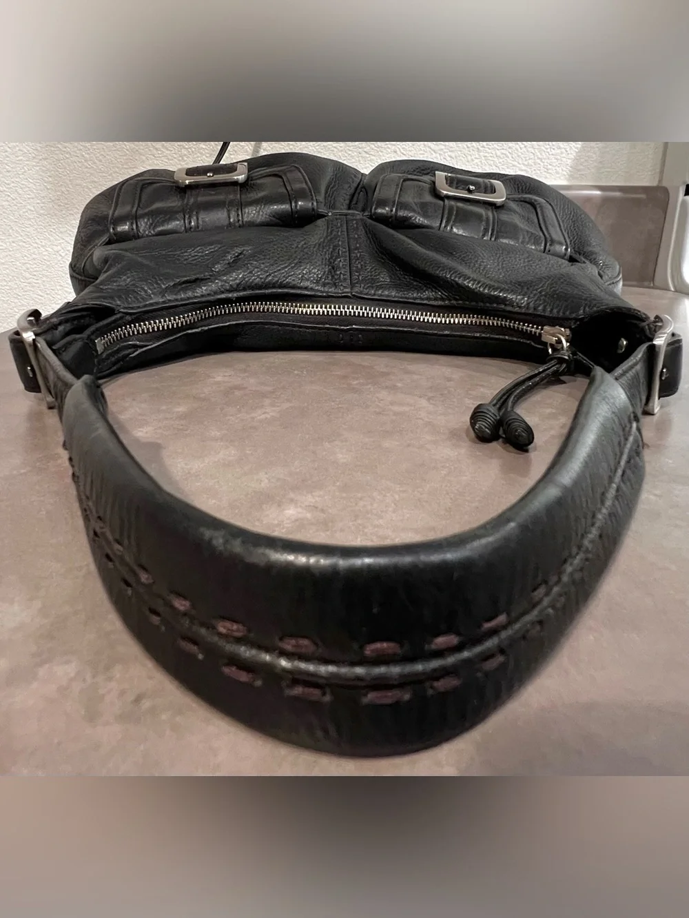 ✨COLE HAAN Y2K Large Black Leather Hobo Slouchy Shoulder Bag Buckles Pockets Zip
